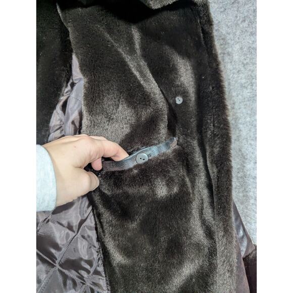 Collection Nuage Brown Faux Fur Leather Coat Button Mob Wife Hooded Oversized - Picture 7 of 13